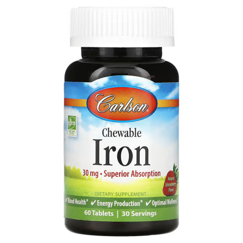Железо для детей, вкус клубника, 30 мг, 60 жевательных таблеток, Carlson, Iron Chewable