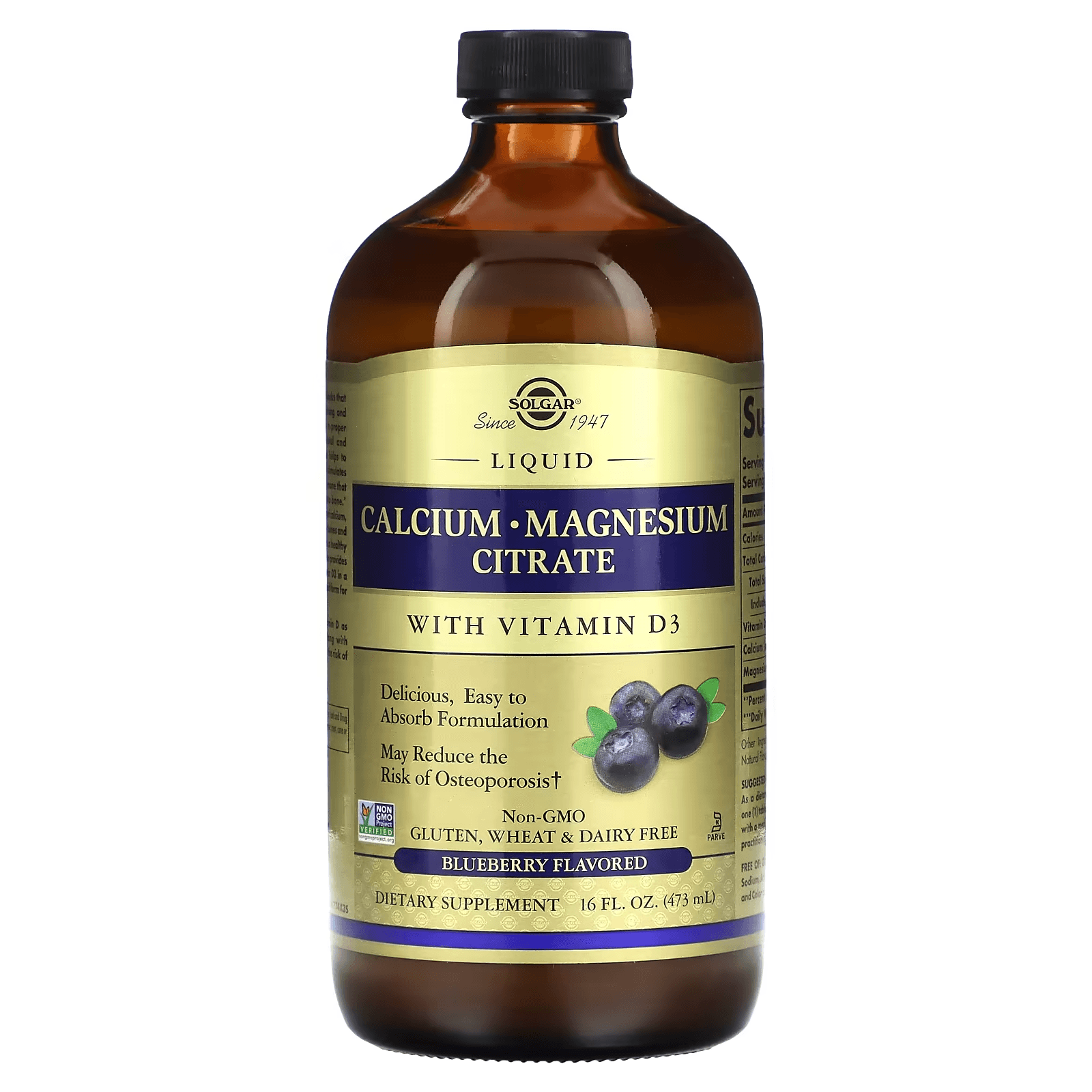 Жидкий кальций и магний, с витамином Д3, вкус голубики, 473 мл, Solgar, Calcium Magnesium Citrate