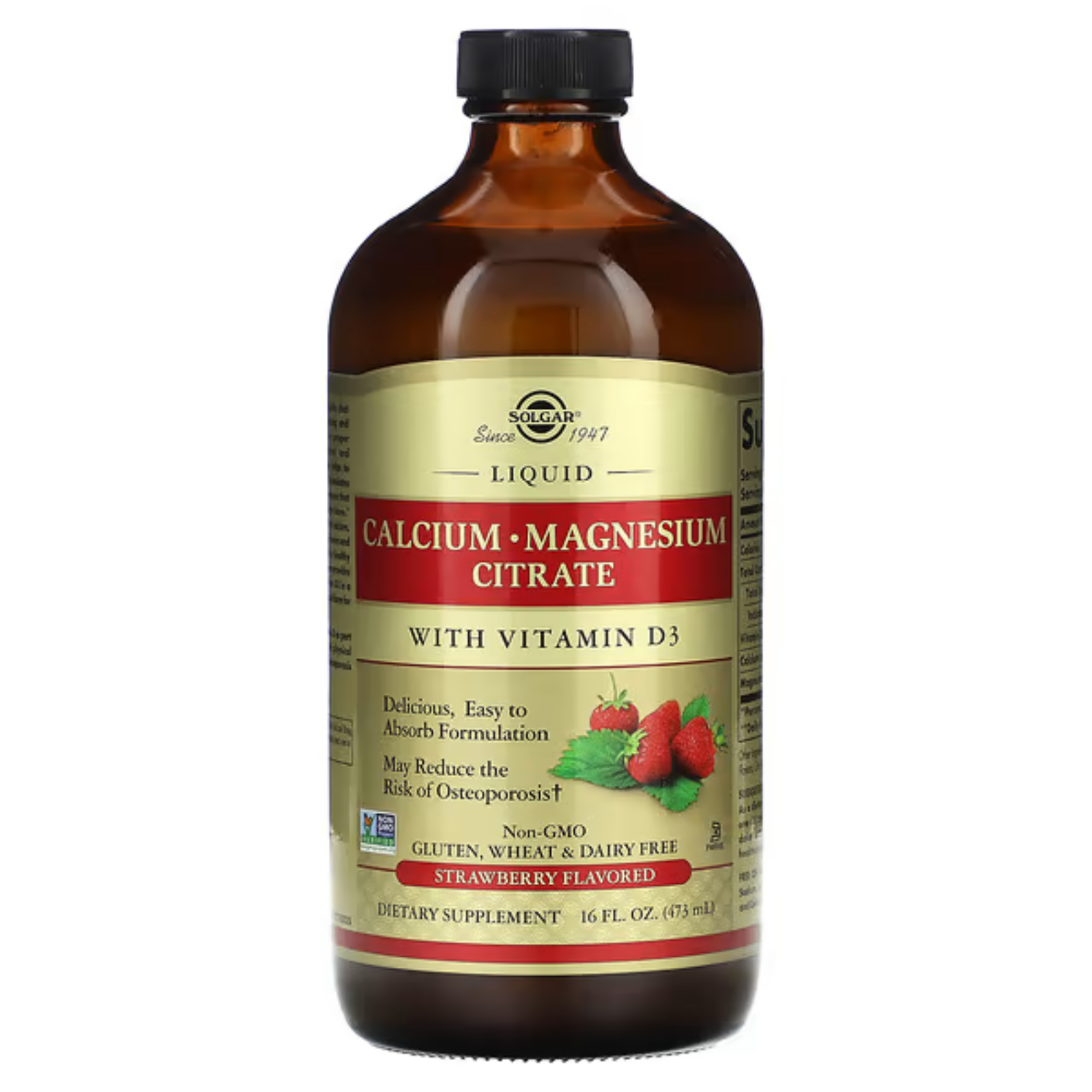 Жидкий кальций и магний, с витамином D3, вкус клубники, 473 мл, Solgar, Calcium Magnesium Citrate