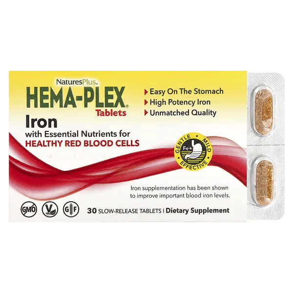 Железо, Hema-Plex, 30 таблеток с длительным высвобождением, NaturesPlus, iron Hema-Plex