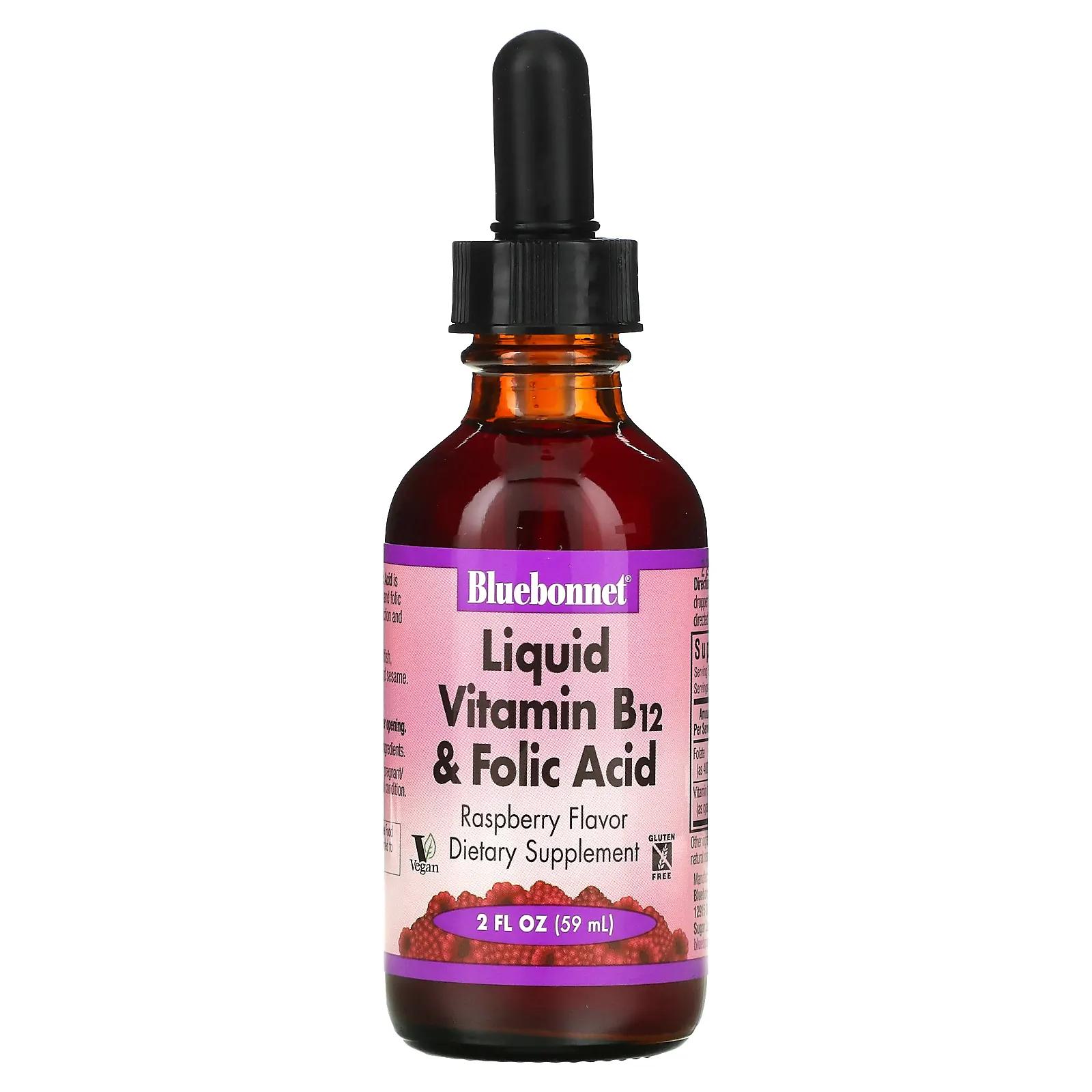 Жидкий витамин B-12 и фолиевая кислота, малина, 59 мл, Bluebonnet Nutrition, B12 LIquid Folic Acid