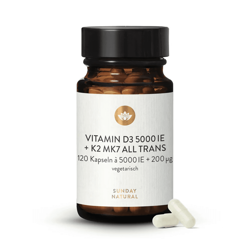 Витамины D3+K2, 120 капсул, Sunday Natural, Vitamin D3+K2 5000