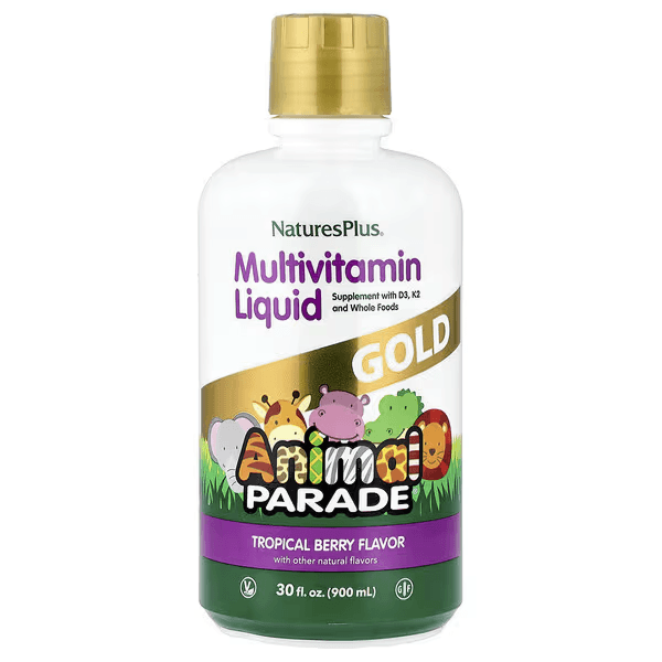 Мультивитамины для детей в жидкой форме, Animal Parade, вкус тропические ягоды, 887,10 мл, Natures Plus, Multivitamin Liquid Animal Parade Gold