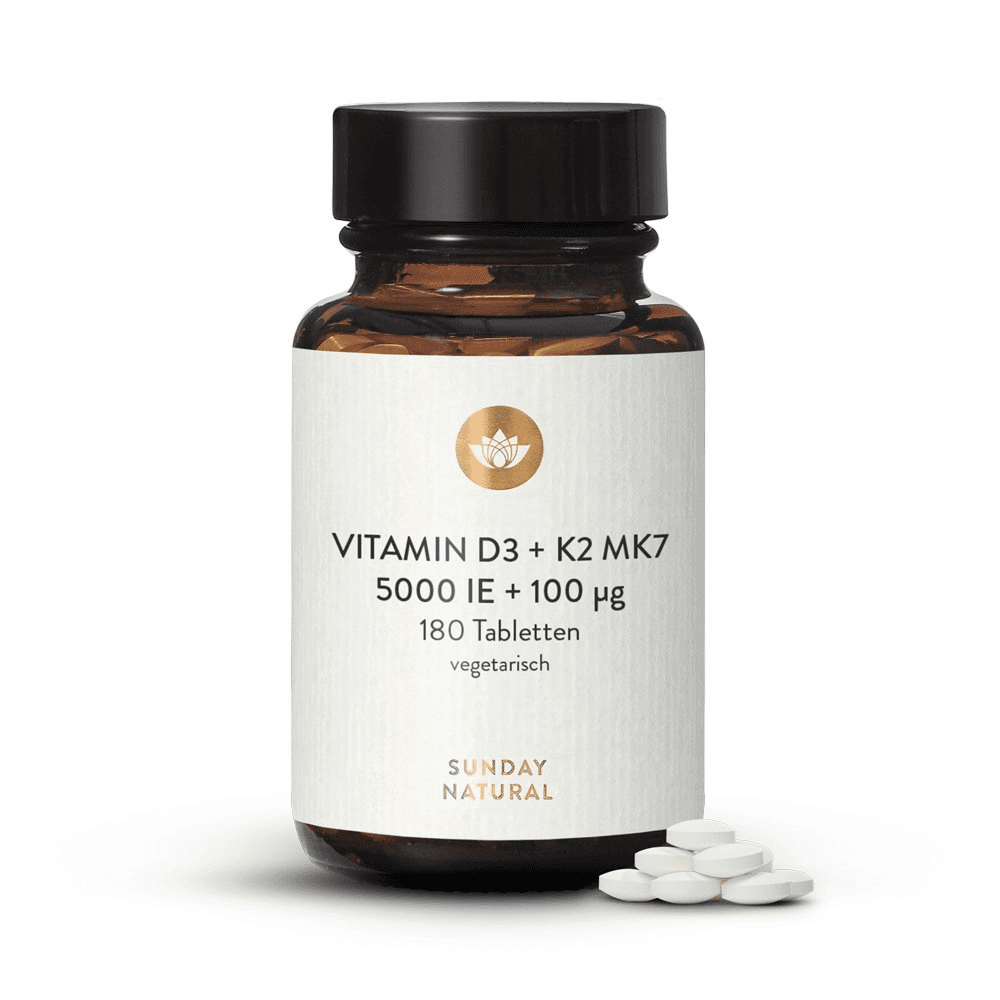 Веганский витамин Д3+К2 МК-7, 5000 МЕ, 180 капсул, Sunday Natural, Vitamin D3+K2 МК-7