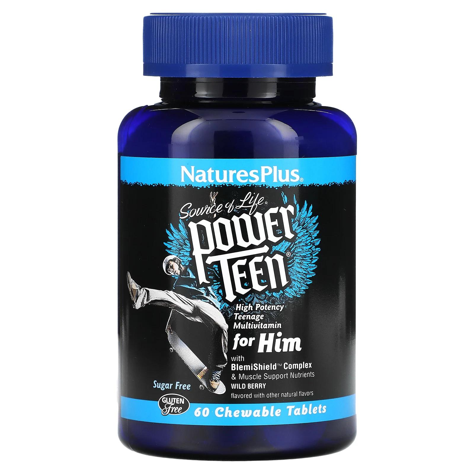 Мультивитамины для мальчиков-подростков, натуральный вкус лесных ягод, 60 жевательных таблеток, NaturesPlus, Multivitamin for him Power Teen