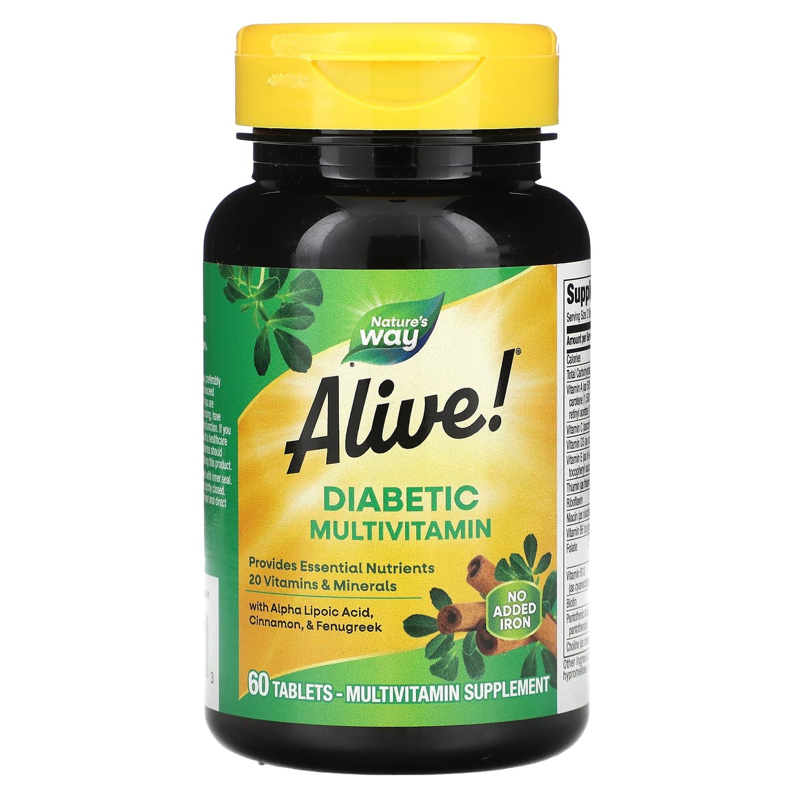 Мультивитамины для больных диабетом, 60 таблеток, Nature's Way, Alive!, Diabetic Multivitamin Alive